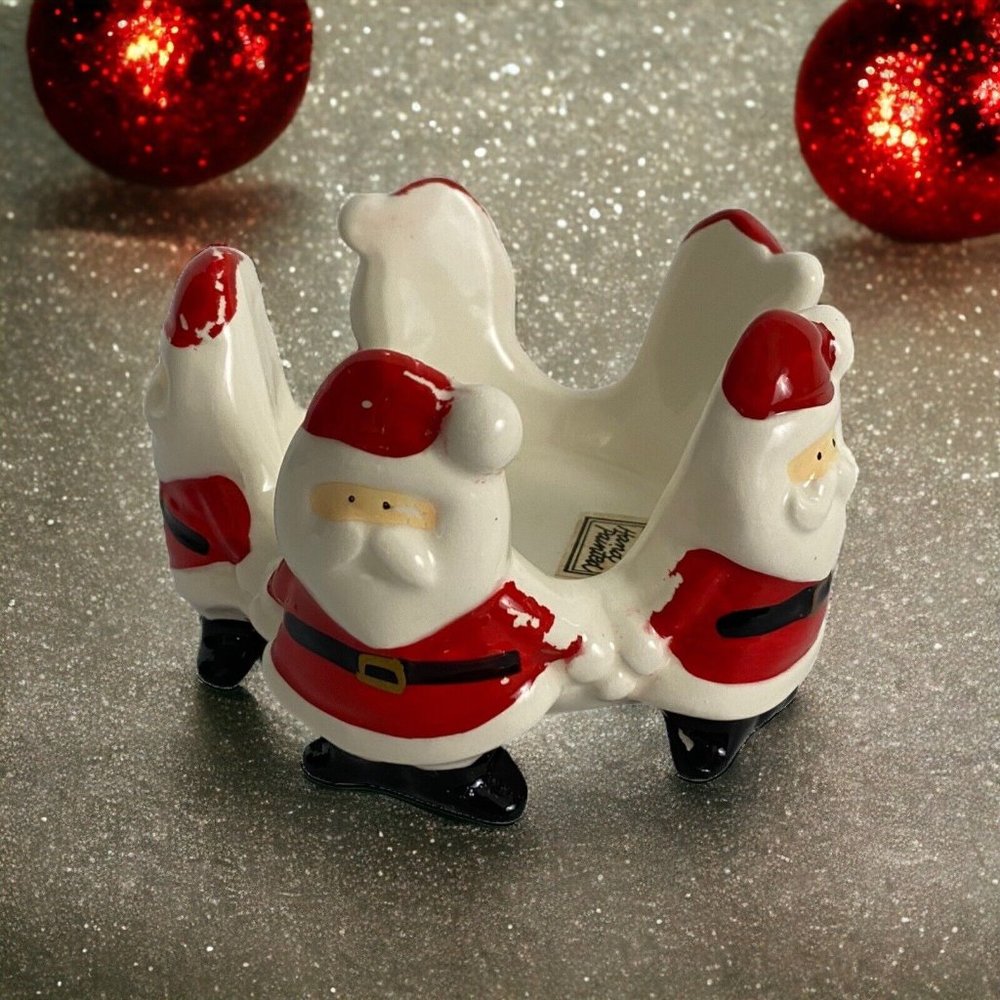 Fitz & Floyd Santa Claus Candle Holder Christmas 5 Santas Holding Hands Japan